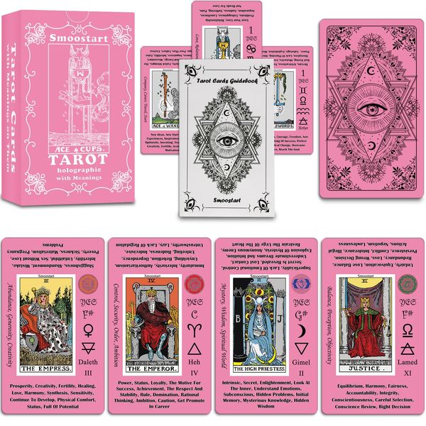 Smoostart Pink Holographic Tarot Cards with Meanings, Tarot Cards Deck with Guidebook for Beginners, Keywords, Element, Planet, Zodiac, Chakra, Yes or No, Musical Pitch, Numerology, Hebrew Alphabet