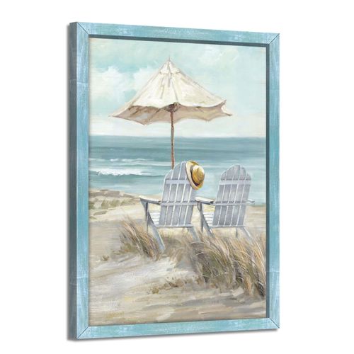 Abstract Coastal Framed Wall Art - Beach Chair Picture Modern Ocean Painting Prints Calming Seascape Wooden Artwork Decor for Bathroom