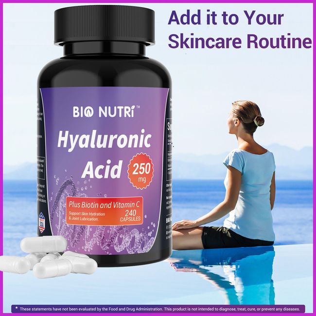 Hyaluronic Acid Capsules | 250mg | 240 Capsules| Non-GMO | by BIO NUTRI