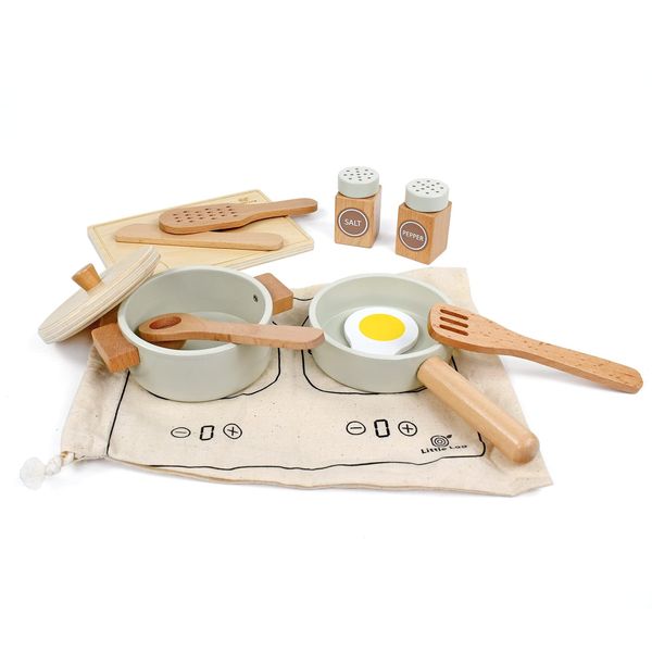 Little Log Wooden Cookware Pots and Pans Set Kids Cooking Set Children Play Kitchen Accessories Pretend Role Play Food Toys Gifts for Boys Girls Ages 3 Years and Up