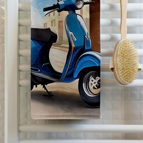 3dRose 15x22 Hand Towel - Blue Classic Scooter Stands Under The Arch Over The City Street Gift Alexis Design - Transport Scooters