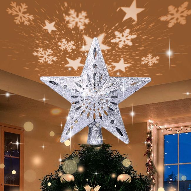 Christmas Tree Topper Lighted Star Tree Toppers with LED Rotating Star and Snowflake Projector, 3D Glitter Lighted Silver Tree Star Topper for Christmas Tree Decorations Holiday Party Decor