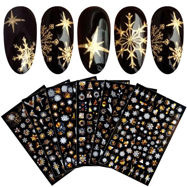 JMEOWIO Nagelsticker Weihnachten, 8 Blätter Nagelaufkleber Selbstklebend Nagel Sticker Schneeflocke Rentier Nail Art Decals Design DIY Dekoration (Gold und Weiß)