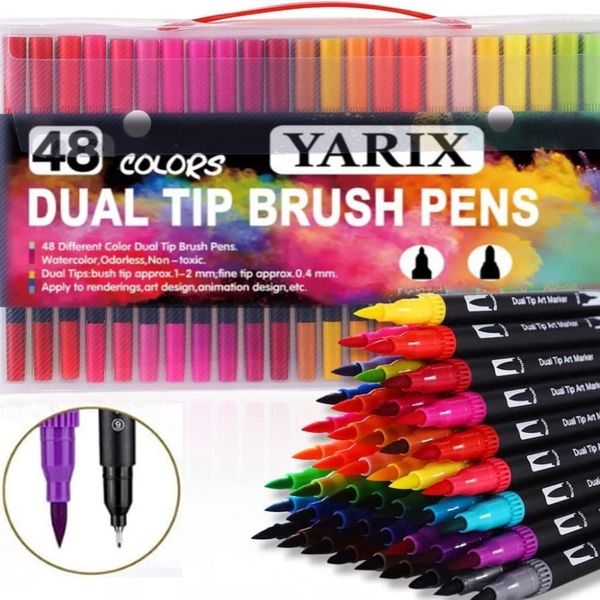 YARIX Dual Tip Brush Pens – Colouring Pens Set of 48 Coloured Pens, Felt Tip Pens – Art Supplies for Kids & Adult Colouring Books – Watercolour Art Markers for Drawing, Sketching, & Calligraphy