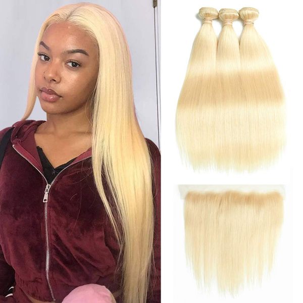 613 Blonde Bundles with Frontal Straight Bundles with Frontal Weaves 13×4 Lace Frontal with 3 Bundles 100% Brazilian Virgin Human Hair Extension Free Part (16 18 20 with 14, Frontal)