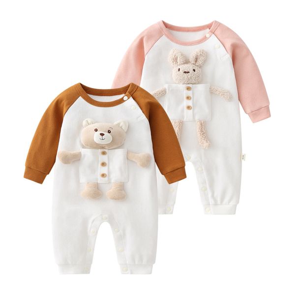 Baby 3D Cartoon Animal Patchwork Design Color Matching Long-Sleeved Rompers - 59 (0-3M) / Coffee