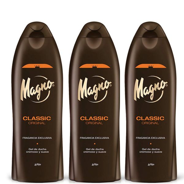 3 Bottles of Magno Classic Shower Gel 18.3oz/550ml with Magno Soap 4.4oz.