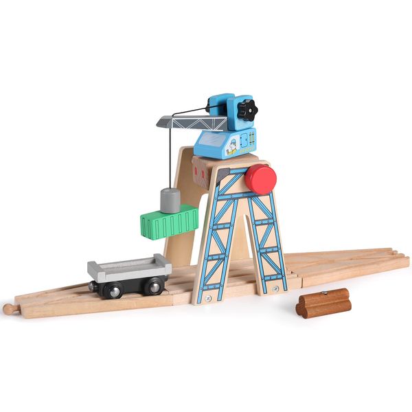 SainSmart Jr. Wooden Train Set Accessories, Magnetic Rotary Crane Set, Compatible with Brio, Thomas, Melissa and Doug