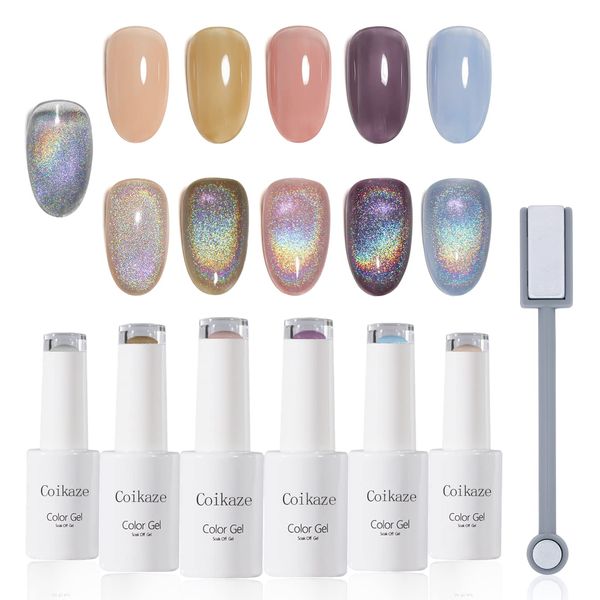 Coikaze Magnetic Gel, Cat Eye Gel, Set of 6 Colors, Galaxy, Color Gel, Cat Eyes, UV and LED Compatible (Rainbow)