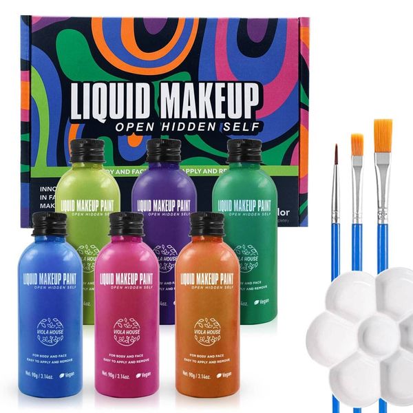 VIOLA HOUSE Liquid Body Painting, Christmas Gift Professional Water Based Face & Body, Makeup Special Effect for Adults, Kids, SFX Makeup Kit Cosplay Halloween. (6 colors)