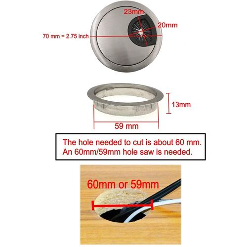 JZK 4 x Metal 60mm Desk Table Cable Grommet with 60mm hole saw, Computer Desk Cable Hole Cover, PC Desk Cable Tidy Grommet Management Hole