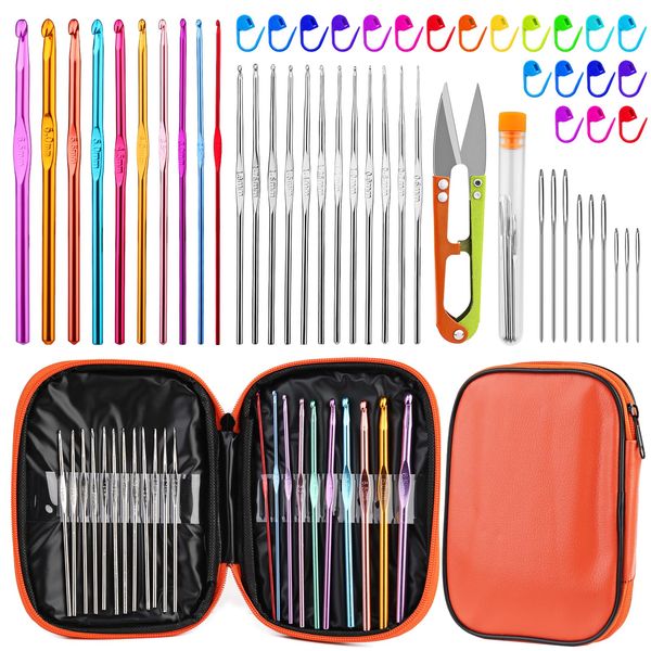 RMTIME 54pcs Crochet Set,Crochet Hook Set with Storage Box,Ergonomic Knitting Needles Blunt Needles Marker DIY Beginners Hand Knitting Craft Arts Tools