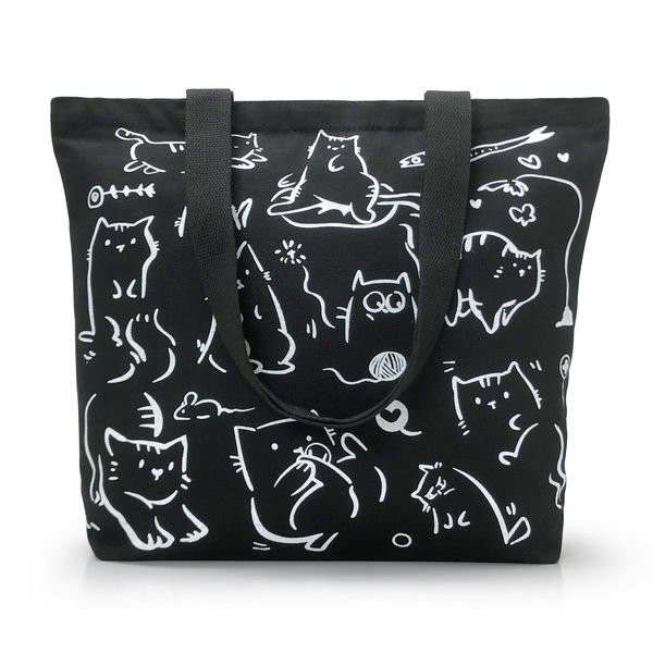 WIERAEM Canvas Tote Bag with Zip and Pockets for Women, Cute Cat Tote Bag Aesthetic, Cotton Cloth Fabric Reusable Shopping Bags (Black)