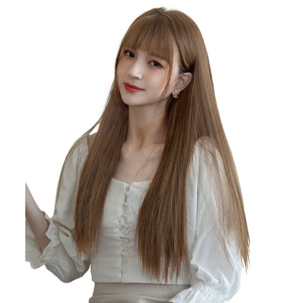 Vigorous Wig, Straight, Long, Full Wig with Bangs, Hairpiece, Bad Girl, Korean Style, Wig, Small Face, Natural, Heat Resistant, Net Included, Brown