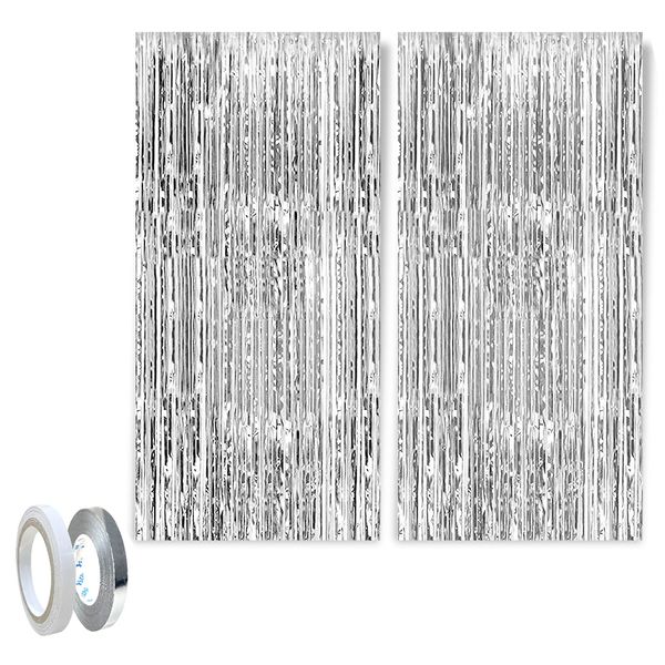 Andiker Foil Curtains Sets, 2 Thickened 1*2m Metallic Tinsel Foil Fringe Curtains and 1 Double Side Adhesive Tape and 1 Ribbon, Shimmer Curtains for Birthday Party Background Wall Decoration (Silver)