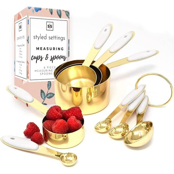 White & Gold Measuring Cups and Spoons Set - Cute 8PC Stainless Steel with Silicone Handle Kitchen Accessories