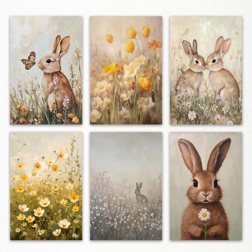 6Pcs Easter Bunny Canvas Wall Art, Cute Animal Nursery Rabbits Poster, Rustic Spring Wildflowers Field Picture Wall Decor, Yellow Flowers Landscape Painting for Kids Room 8x12in Unframed