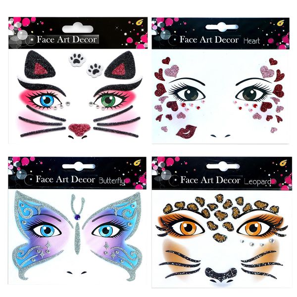 ALEGRE 4 Blätter Gesichtstattoo Karneval Herzen Face Art Sticker,Schmetterling Tattoo Gesicht,Katze Temporäres Face Tattoo,Leopard Gesichtstattoo Glitzer Gesicht Aufkleber für Motto Party,Fasching