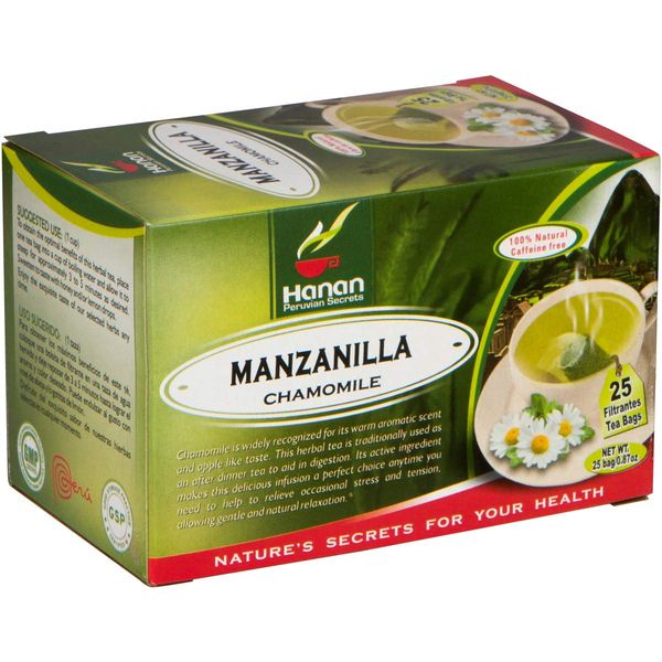 Hanan Manzanilla Tea (Chamomile) - 25 Tea Bags of Natural Camomile Flowers (Te de Manzanilla) Herbal Tea of Flor Matricaria chamomilla L - Natural Sedative, Relaxant, Sleep Aid, Anti-Stress