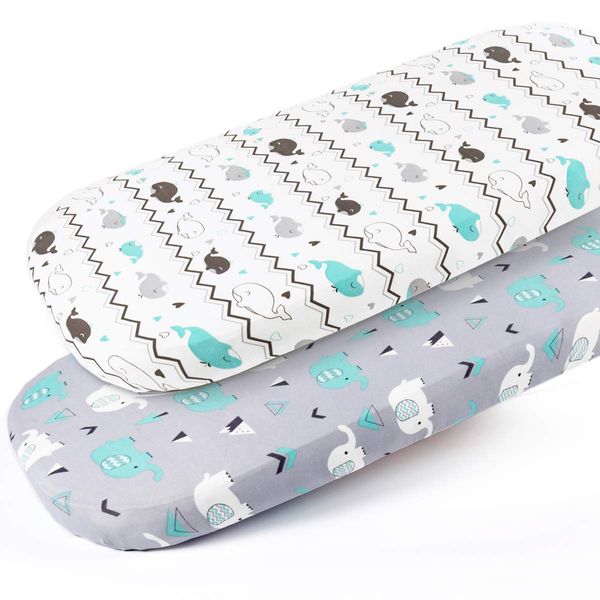 Stretch Fitted Bassinet Sheet Set BROLEX 2 Pack Cradle Sheets for Bassinet Pad/Mattress,Unisex Boys Girls,Ultra Soft,Elephant & Whale