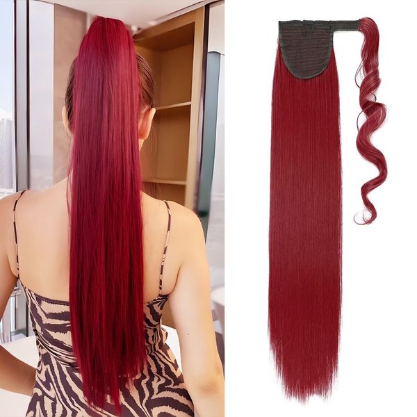 Wrap Around Ponytail Hair Extension 26 inch One Piece Clip in on Pony Tail Synthetic Straight Hairpiece (Dark Red)