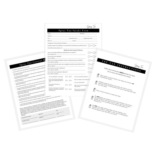 Spray Tan Intake Forms, Consent, Aftercare Instructions |75 pk 25 of Each Printed | Pre-tan Before Your Spray, Rapid Spray tan Included 8.5 x 11” Client Intake Signature Minimalist Black White