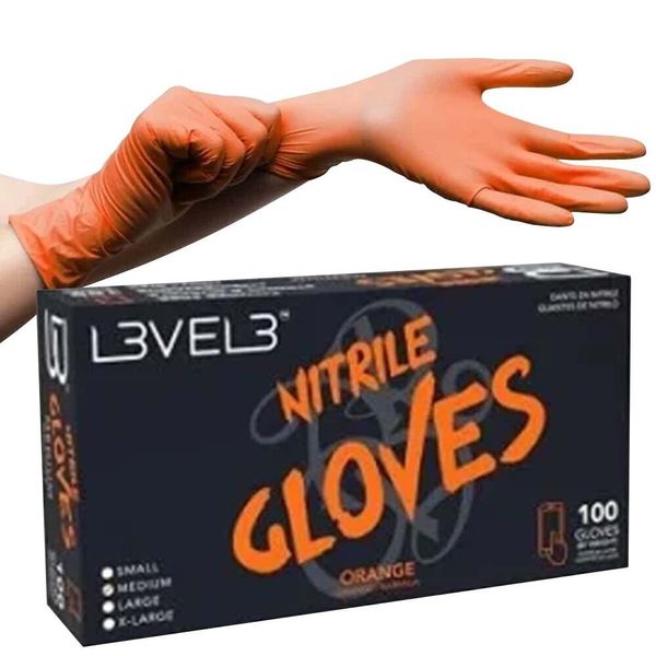 BARBER SALON BEAUTY L3VEL3 HAIR NITRILE DISPOSABLE GLOVES LARGE 100 PC ORANGE