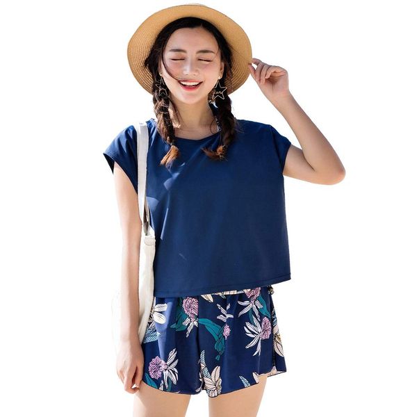 TeddyShop hys1618 Women's Swimsuit, Tankini, 4-Piece Set, Adult, Bikini, Tank Top, Shorts, T-shirt, Rash Guard, Mom Swimsuit - Utility F: Navy x dot flower