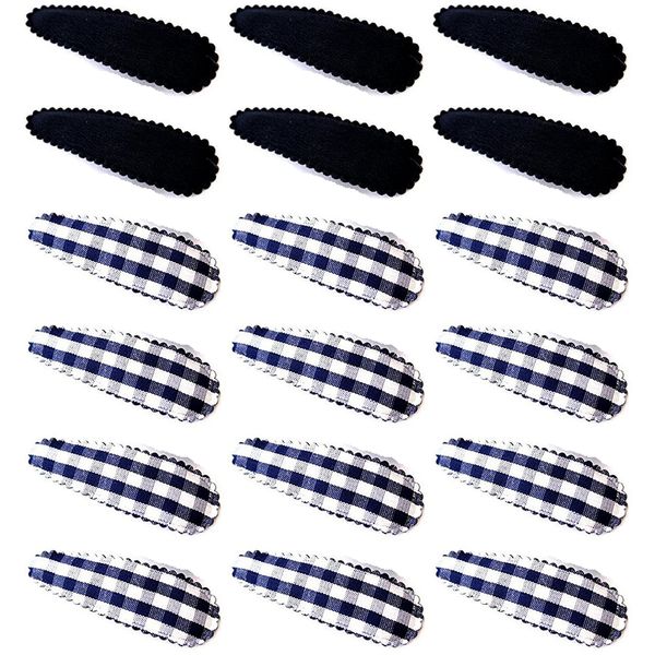 3 Pack of 6 School Uniform Plain and Check Print Plaid Barrettes Hair Slides, Hair Grips, Bendies (Navy Blue and Check Blue)