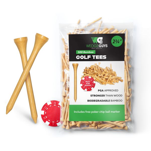 Wedge Guys Bamboo Golf Tees 2-3/4 Inch - 500pcs. - Free Ball Marker - Stronger Than Wood Tees Biodegradable & Less Friction, PGA Professional Approved, Bulk Bag