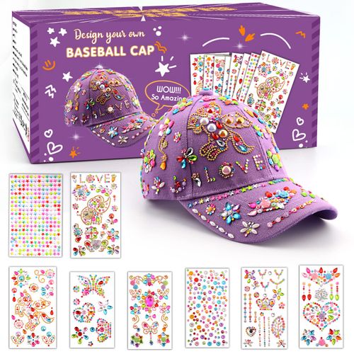 Gifts for Girls DIY Baseball Cap, Hat Design Yourself with Gemstone Stickers, Children's Day at School Birthday Gift Girls 4 5 6 7 8 9 10 11 12 Years, Baseball Cap Craft Set for Children