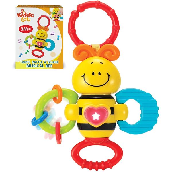 KiddoLab Twist & Rattle Musical Bee Light-Up Toy and Teething Ring for Toddlers - Sensory Chew and Fine Motor Skills Toy for Newborn - Baby Rattle and Teething Toys for 3+ Months Babies