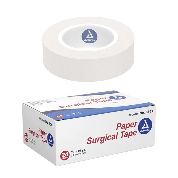 Dynarex Paper Surgical Tape, Use to Secure Wound Care with Medical Gauze, Dressings, & Non-Adherent Pads, First-Aid Kit Essential, White, 1/2” x 10 yds, 1 Box of 24 Rolls