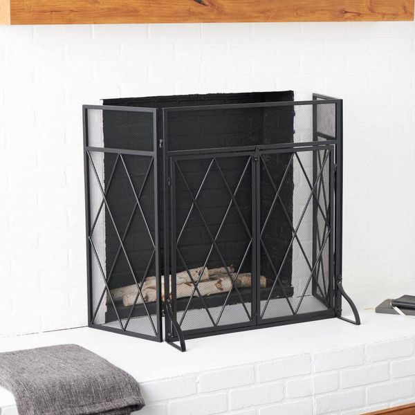 Litton Lane Fireplace Screen 3-Panel 2-Door Geometric Metal Black w/Mesh Backing