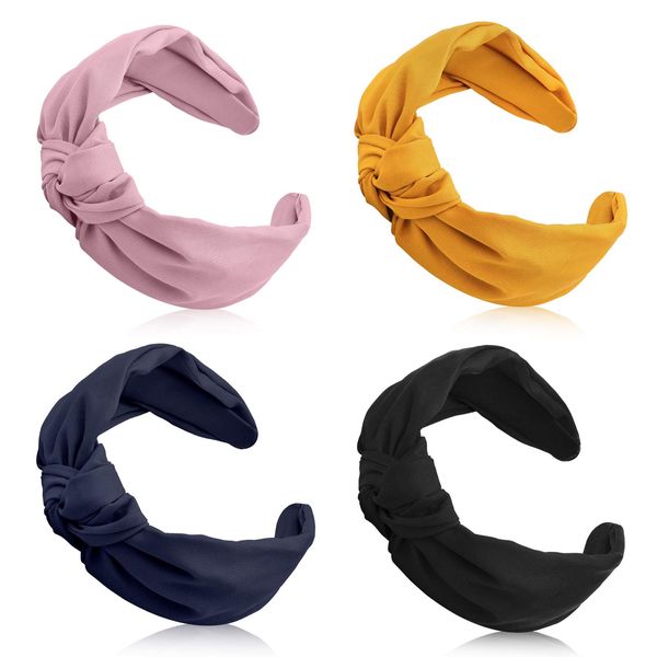 Chuangdi 4 Pieces Wide Knotted Headbands Knot Hairband Solid Color Plain Headband Knot Turban Headband Twist Turban Headwrap Yoga Hair Band Elastic Hair Accessories for Women and Girls