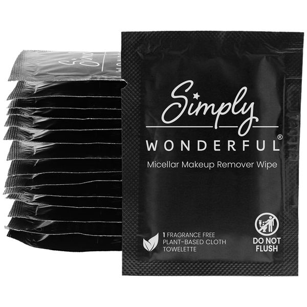 Simply Wonderful 100 Count Biodegradable Makeup Remover Wipes, Micellar Water, Plant-Based, Individually Wrapped, 5" x 7"