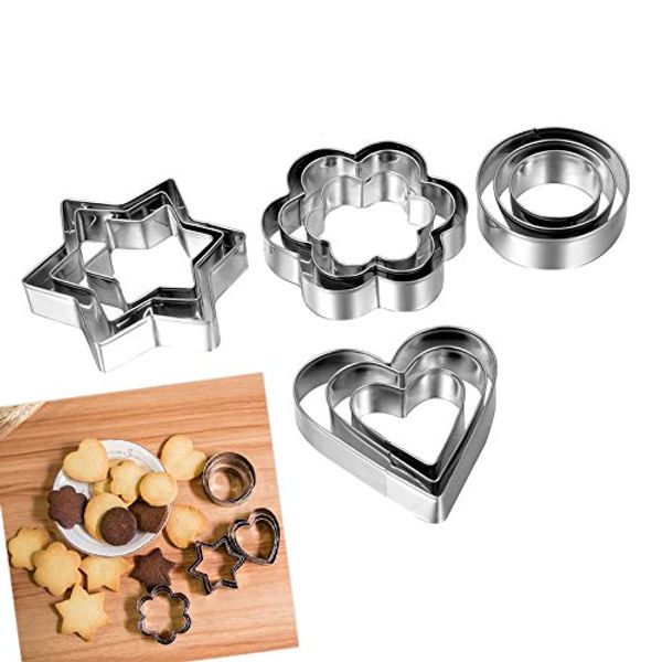 ASSOTS Fancy Shapes Set of 12 Metal Cookie Cutters Round Heart Flower Star Biscuit