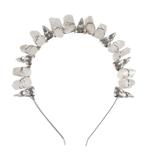 Soulnioi Natural White Crystal Headband White Wire Wrap Ancient Silver Raven Irregular White Crystal Pillars Crown Headband for Gift of Party Birthday