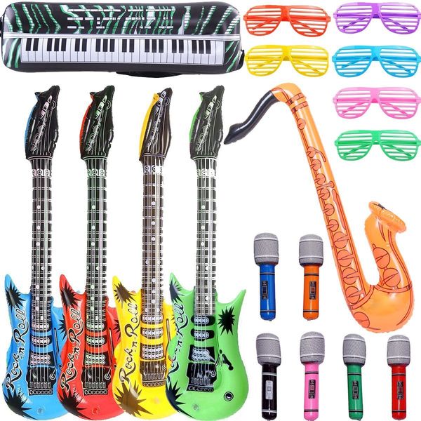 Inflatable Rock Star Toy Set - 18 Pack Inflatable Party Props - 4 Inflatable Guitar, 6 Microphones, 6 Shutter Shading Glasses, 1 Saxophone and 1 Inflatable Keyboard Piano Inflatable Party toys