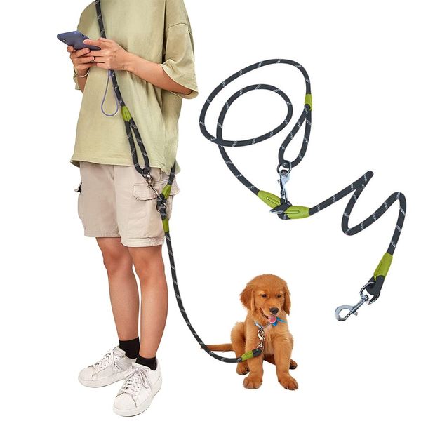 pawstrip Hands Free Dog Leash Waist & Crossbody Rope with Slip Lead Durable for 2 Dogs Nylon Reflective Heavy Duty Hiking Running Leash for Medium Large Dogs (Black)