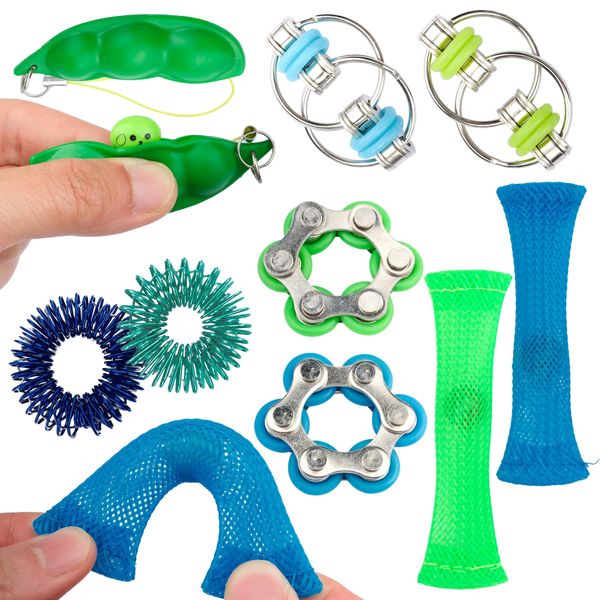 Sensory Fidget Toy 10 Set Roller Bike Chain Fidget Spinner and Marble Fidget Stress Pea Pod Stress Relief Tools, Spiky Sensory Finger Rings for Kids and Adults with Attention Disorder