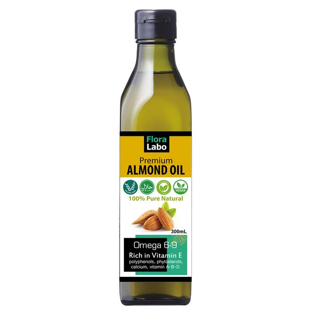 Flora Labo Premium Sweet Almond Oil 10.1 fl oz (300 ml) Made in the USA | Natural Additive-Free Edible Almond Oil | Direct Imports by Air | PREMIUM NATURAL SWEET ALMOND OIL