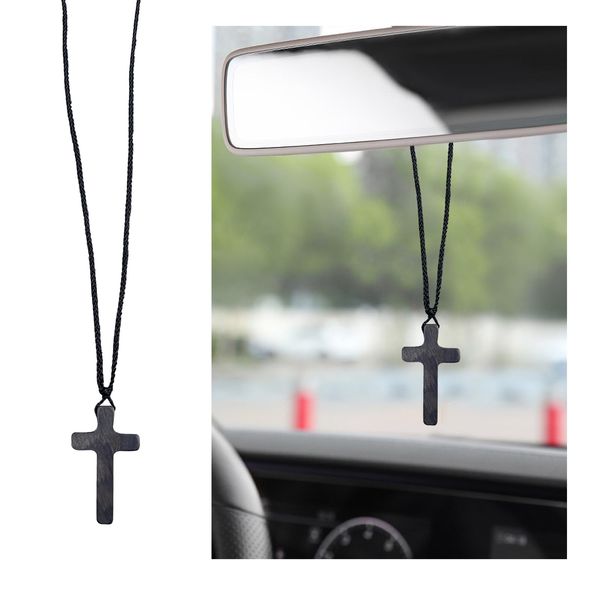 Ziciner Natural Wooden Cross Pendant Necklaces, Adjustable Handcrafted Wooden Car Rearview Mirror Pendant, Universal Vehicle Rear View Mirror Decoration for Men and Women (Standard, Black)