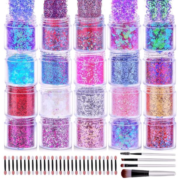 TOCYORIC Body Glitter, Cridoz 20 Colors Nail Face Hair Chunky Festival Glitter with Makeup Brushes Set for Glitter Makeup Cosmetic Face Body Hair Nails