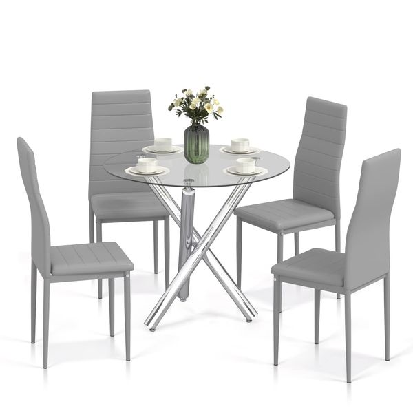 Jooli H Dining Table and Chairs Set 4, Round Kitchen Table and 4 Grey Faux PU Leather Chairs Modern Dining Room Furniture Set