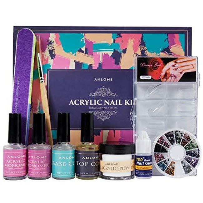 Anlome Acrylic Nail Kit Set Includes Quick Nail Glue 100 Nail Tips, Nail Brush, Nail File,Various Colors of Rhinestone