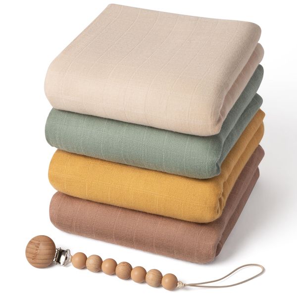 Moonkie Muslin Swaddle Blanket, Essentials Baby Empfangsdecke für Mädchen und Jungen, Säugling tragbar Swaddling Set, 47 x 47 Zoll, 4 Pack (Light Sea Green/Fall Yellow/Beige/Natural)