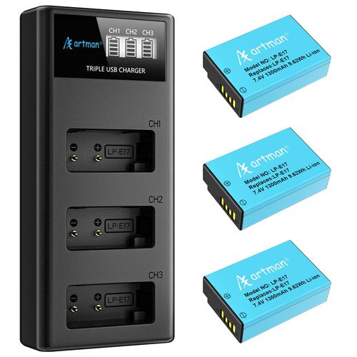 Artman LP-E17 Battery 3-Pack 1300mAh and 3-Slot LCD Charger for Canon EOS R50 R8 R10 RP R100, Rebel T8i T7i T6i T6s SL2 SL3, EOS M3 M5 M6, EOS 77D 200D 250D 750D 760D 800D 8000D Digital Camera