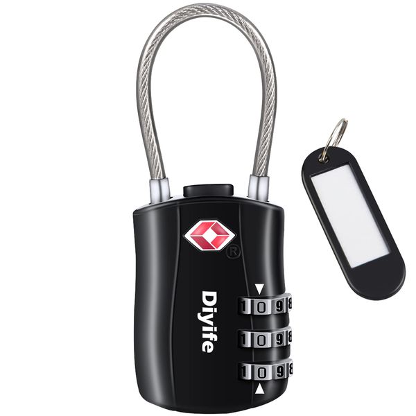 Diyife TSA Lock, Padlock, 3-Digit Dial-Type Lock, Wire Type, Safe for Travel, Suitcase, Overseas Travel, Airport, Luggage Suitcase, Zipper Bag, Handbag