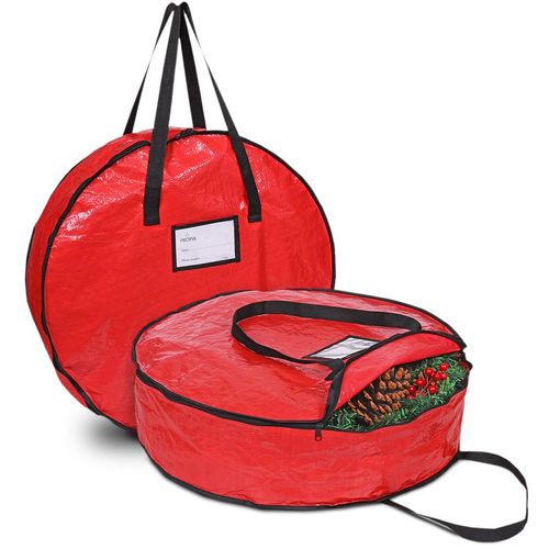 ProPik Christmas Wreath Storage Bag 24" - Garland Holiday Container with Tear Resistant Material - Featuring Heavy Duty Handles and Transparent Card Slot - 2 Pack (24 Inch, Red)